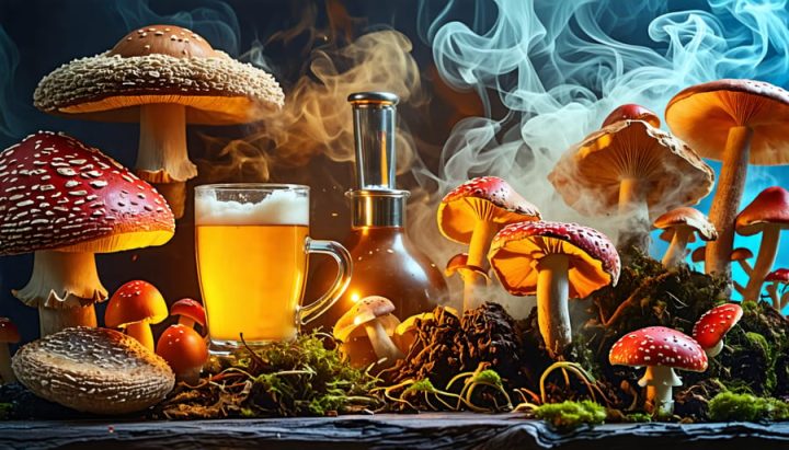 A conceptual illustration showing an assortment of mushrooms including shiitake, maitake, and chaga, creatively integrated with homebrewing equipment, surrounded by a hint of mist, symbolizing the innovative process of infusing mushroom flavor into homebrew.