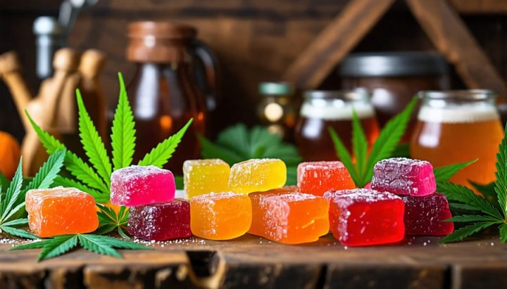 An enticing arrangement of colorful THC gummies and fresh cannabis leaves, set against a backdrop of home brewing equipment, illustrating the fusion of cannabis infusion techniques with artisanal brewing.