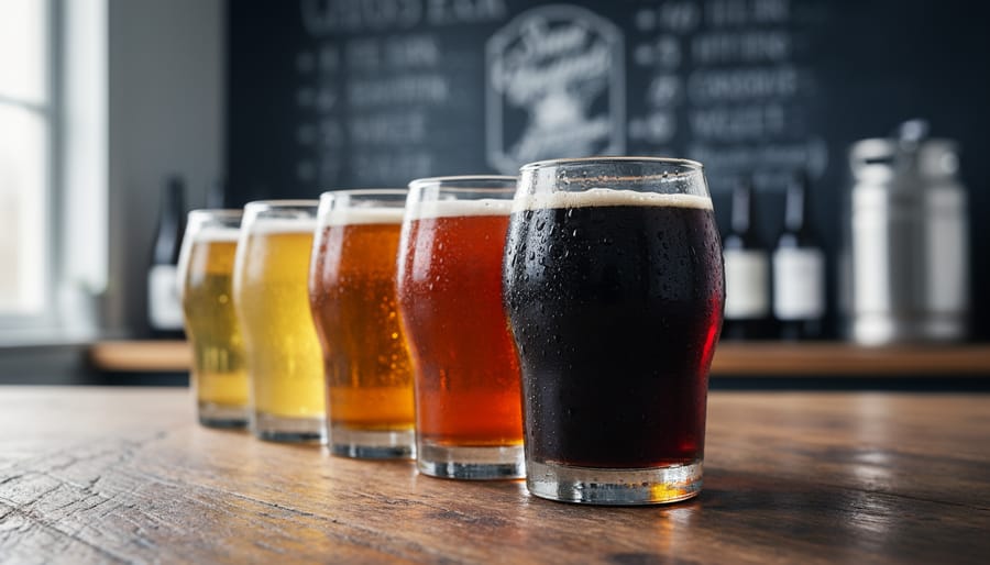 Three 8oz beer tasting glasses with different craft beer colors on a wooden homebrewing table in soft daylight.