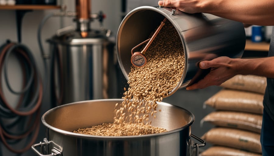 Homebrewer pouring crushed malt grains into a stainless steel mash tun during an all-grain brewing session