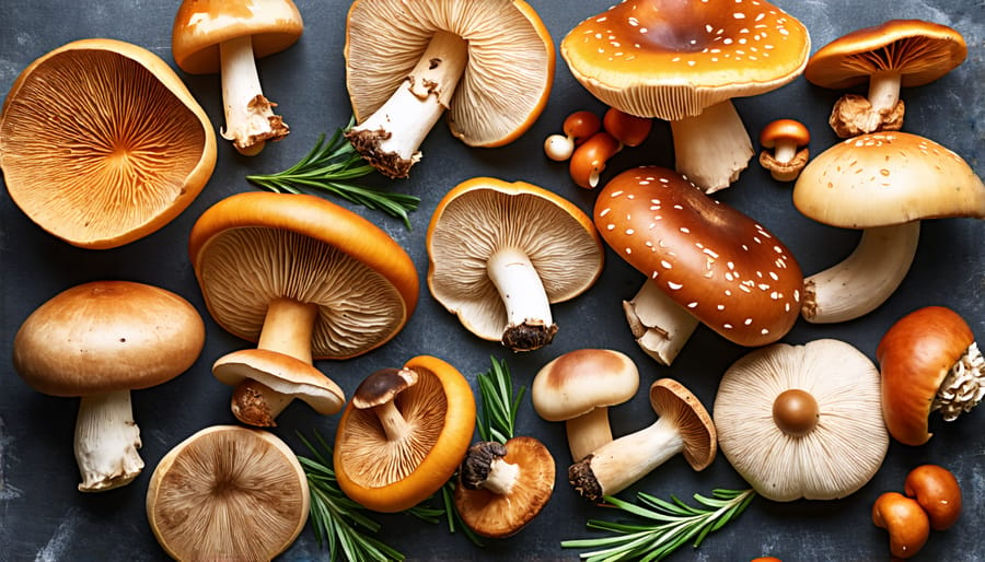 A variety of mushrooms including shiitake, maitake, and porcini, placed on a wooden table