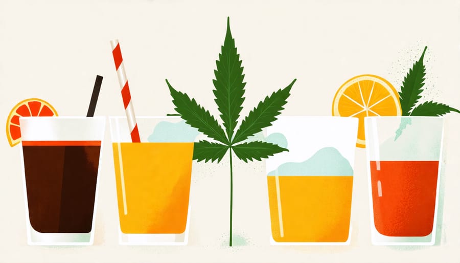 Illustration showing cannabis strains paired with different types of beverages for infusion