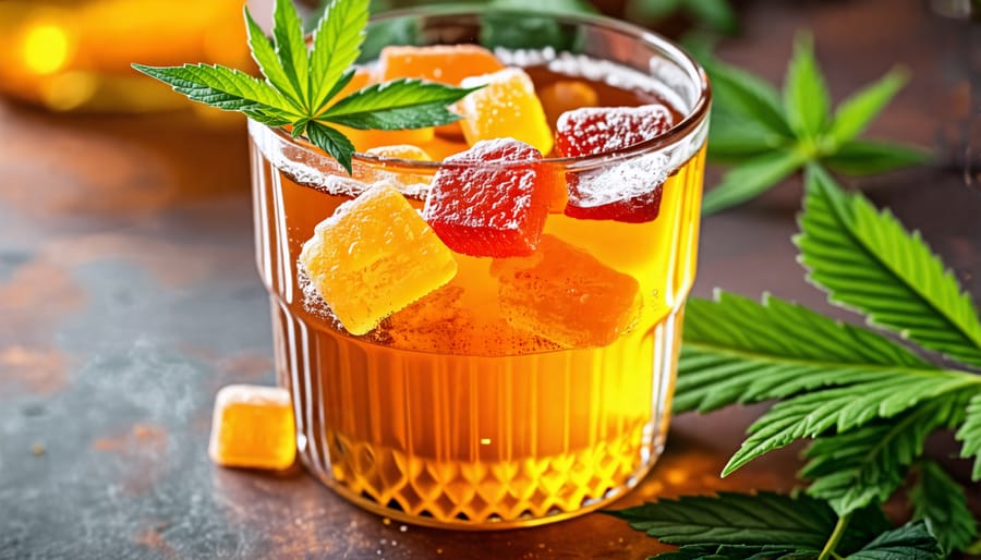 A glass of home-brewed cannabis-infused beverage next to THC gummies on a table