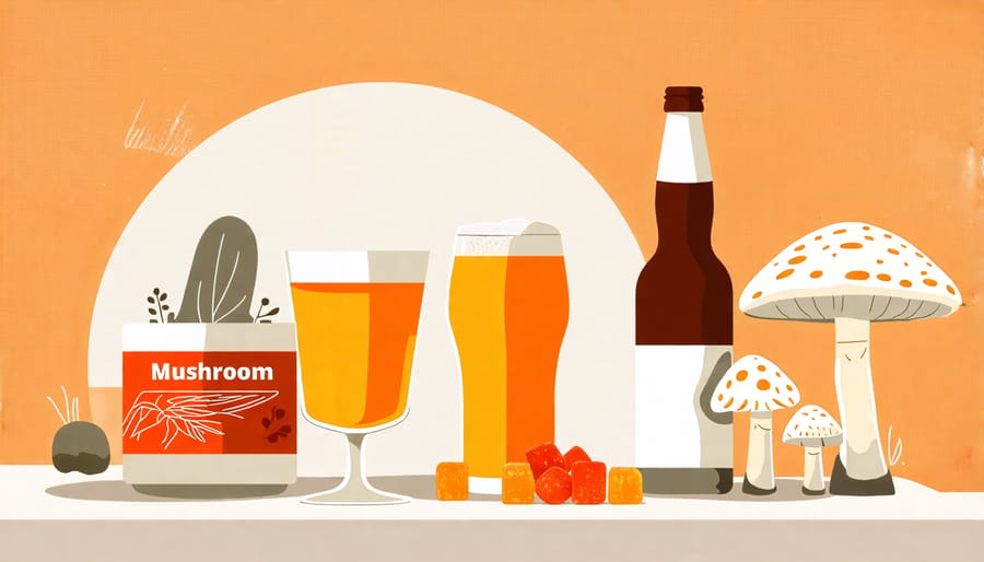 An artistic arrangement of mushroom gummies paired with various craft beers