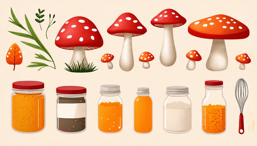 A step-by-step guide on making mushroom gummies featuring ingredients and brewing tools