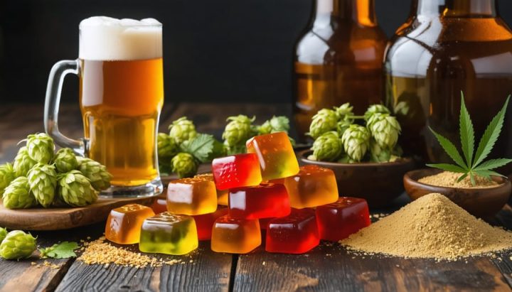 A colorful array of CBD gummies scattered across a brewing table with various brewing ingredients, symbolizing the creative infusion of CBD into the brewing process.