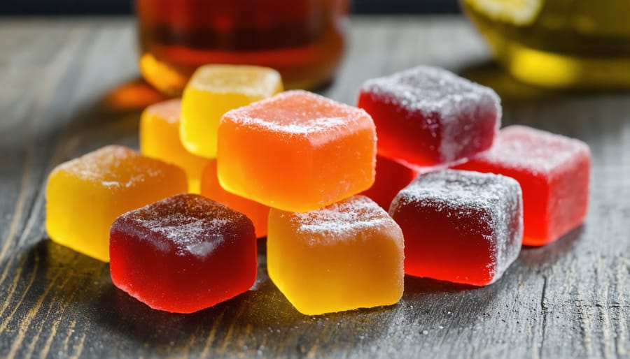 Assorted CBD gummies on a table, showcasing flavors and colors suitable for brewing