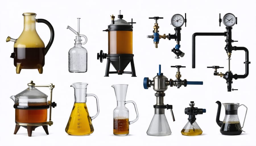 Essential homebrewing equipment for vapor infusion including glass containers, droppers, and vape mod