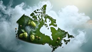 A conceptual depiction of vapor infusion in homebrewing, featuring swirling vapor clouds intertwined with hops, citrus peels, and herbs against a backdrop hinting at Canada.