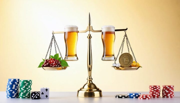 A conceptual image featuring a set of scales balancing homebrew competition elements like hops, medals, and entry forms against gambling symbols such as dice and poker chips, illustrating the distinction between brewing competitions and gambling activities.