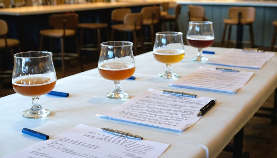Well-organized homebrew competition setup showing judging sheets and proper documentation