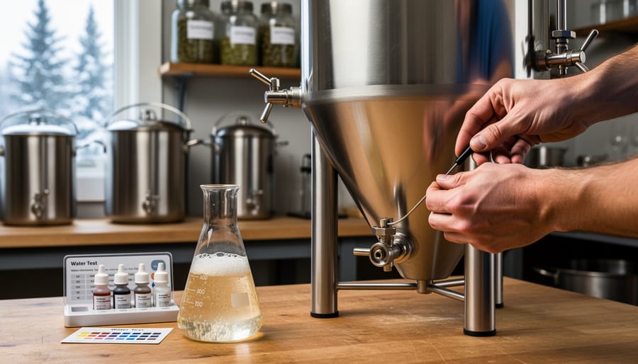 Homebrewer’s hands attaching a temperature probe to a stainless steel fermenter on a wooden bench, with a glass flask of active yeast starter and a small water chemistry kit; kettles and jars blurred in the background with winter light through a window.