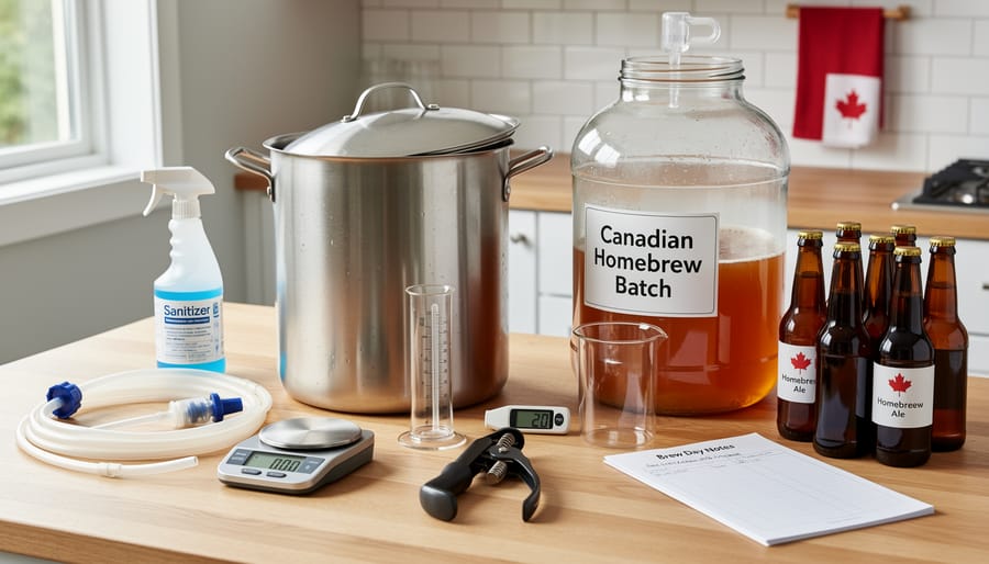 Essential homebrewing equipment including fermenter, carboy, and thermometer arranged on wooden workbench