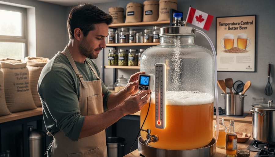 Digital thermometer measuring temperature in actively fermenting beer with visible bubbles