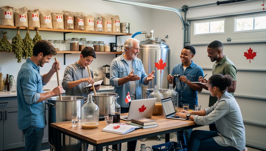 Group of homebrewers collaborating and sharing beer samples in home brewery setting
