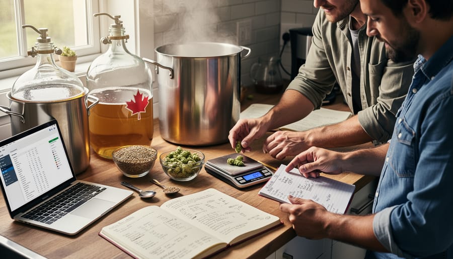 Brewer taking notes in journal with craft beer and recipe papers on table