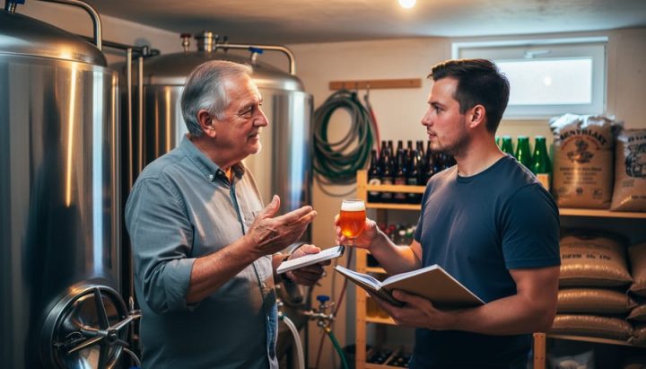 Two homebrewers talking and reviewing brewing notes beside stainless steel fermenters in a home brewing setup.