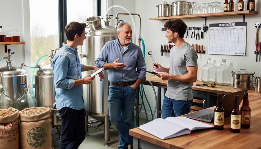 Two homebrewers discussing brewing notes beside stainless fermenters in a home setup.
