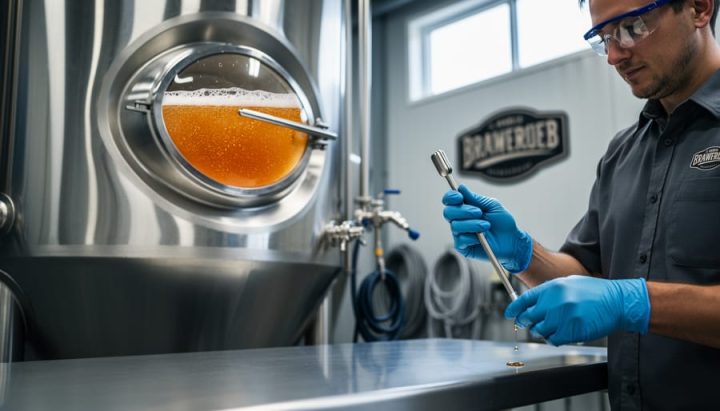 A brewer in gloves samples beer beside a stainless steel fermenter in a modern brewery environment.