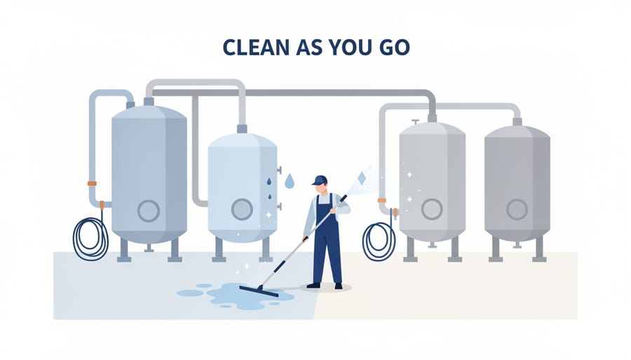 Stainless hose sprayer releasing mist into a clean empty tank during brewery sanitation