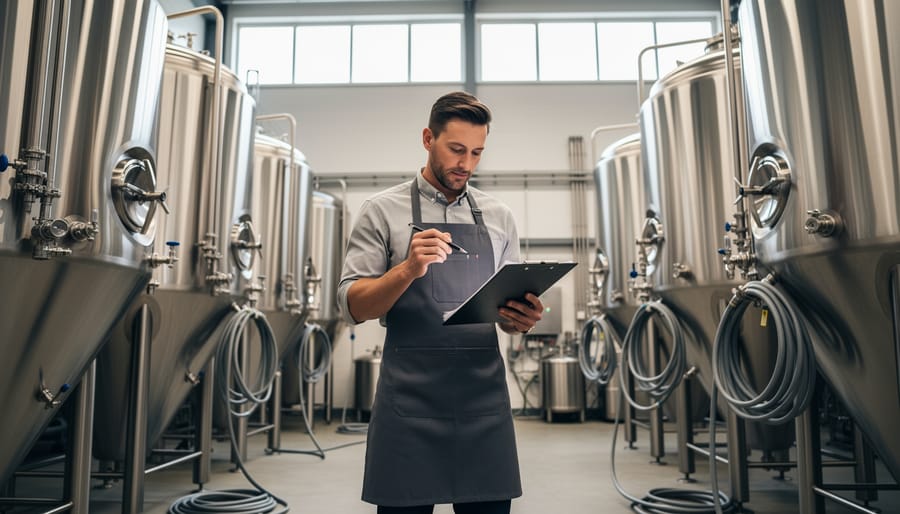 A craft brewery brewmaster in a stainless-steel brewhouse holding a clipboard in front of fermenters