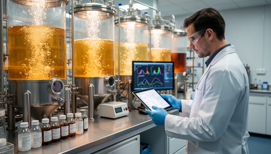 Brewery technician wearing gloves monitoring fermentation on a stainless fermenting tank