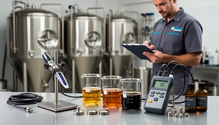 Close-up of a hydrometer and wort sample glass cylinder on a brewery workbench