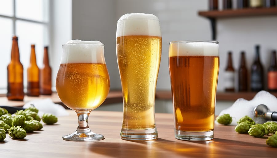Close-up of a tulip, weizen, and pint-style beer glass with visible foam and bubbles on a wooden home-brew bar, showing how glass shape affects the pour.