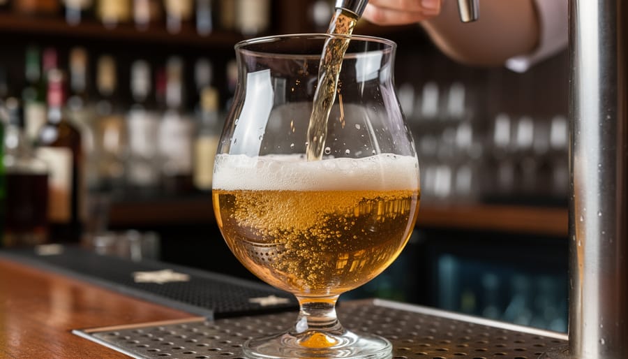 Beer pouring into a pint glass with the focus on the rim and spreading beer surface.