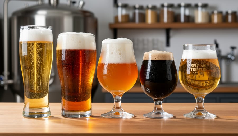 Canadian homebrewer’s beer samples in tulip, pilsner, snifter, and pint glasses with visible foam.