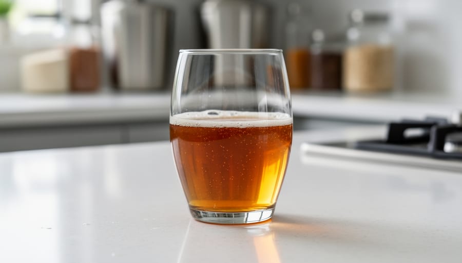 Close-up of a condensation-covered 8oz beer glass with a small beer head near the rim