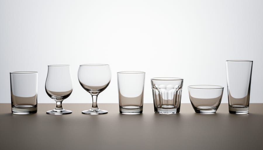 Stemmed mini goblet and straight-sided tumbler holding small beer samples on a bar counter