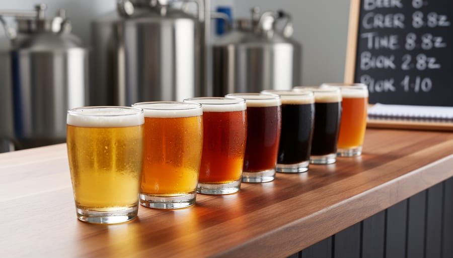 Three small 8oz beer glasses on a wooden table with different homebrew colors for a tasting flight