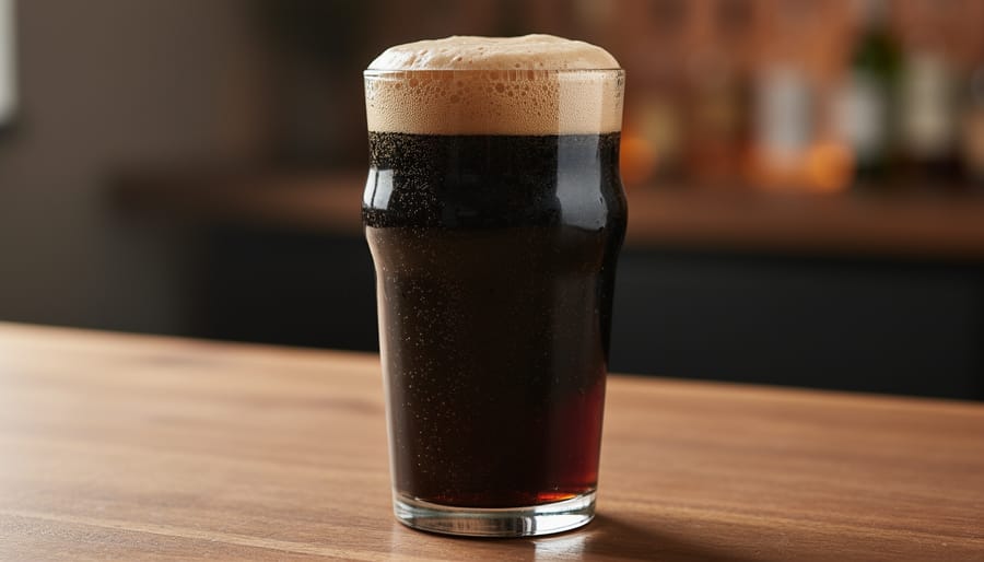 Pouring American porter into a pint glass with a creamy tan head and deep mahogany color.