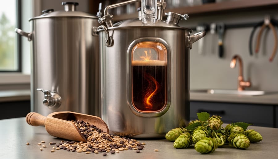 Close-up of a stainless homebrew kettle with dark porter beer, roasted malt grains in a wooden scoop, and fresh hop cones on a brew bench.