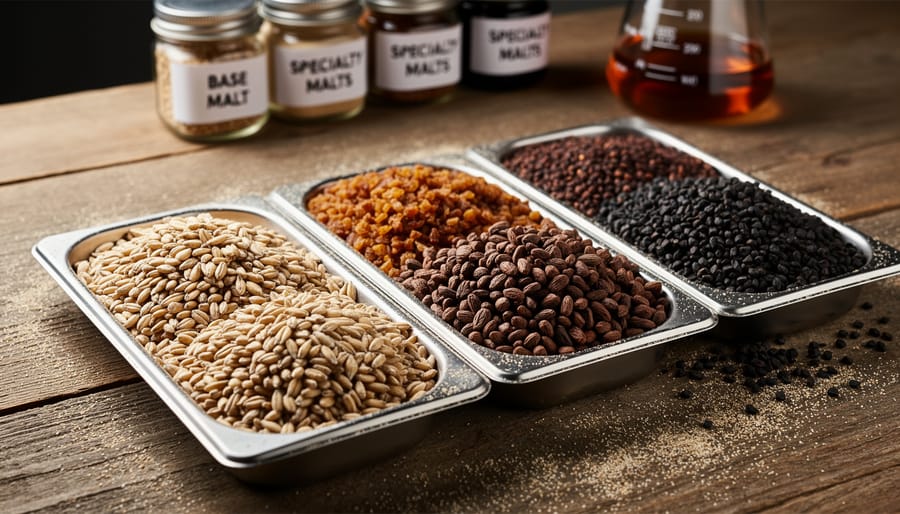 Close-up of malted barley and dark specialty malts (chocolate malt and roasted barley) arranged for an American porter grain bill.