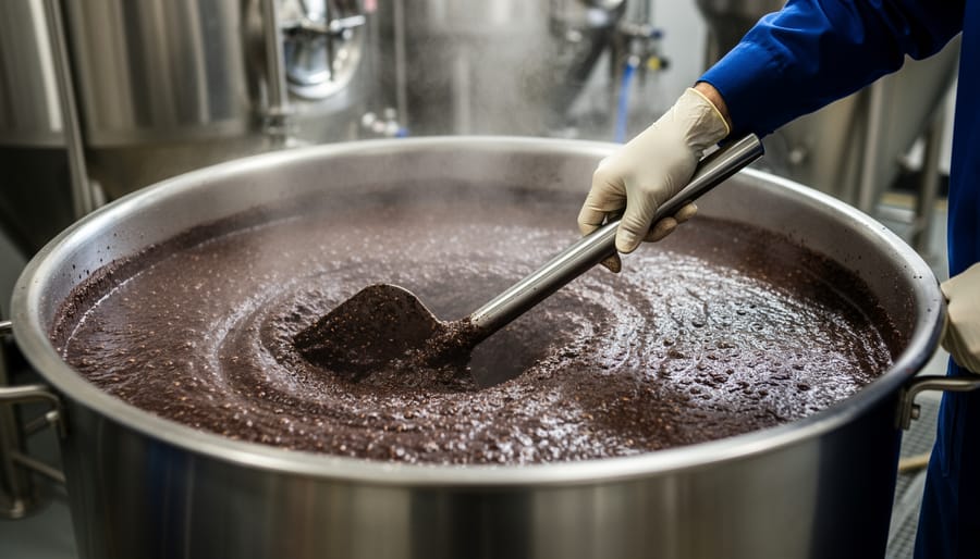 Stirring dark brown mash in a stainless steel brewing kettle during an American porter mash.