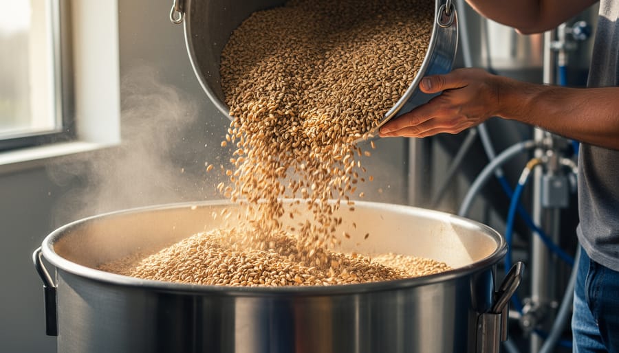 Homebrewer pouring crushed malt grains into a stainless steel mash tun