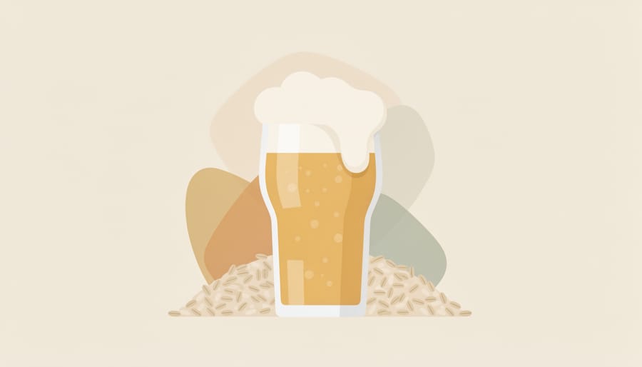 Golden beer in a glass with foamy head beside specialty grains and brewing gear