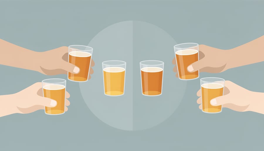 Homebrewer hands presenting a small 8oz beer glass above a flight tray