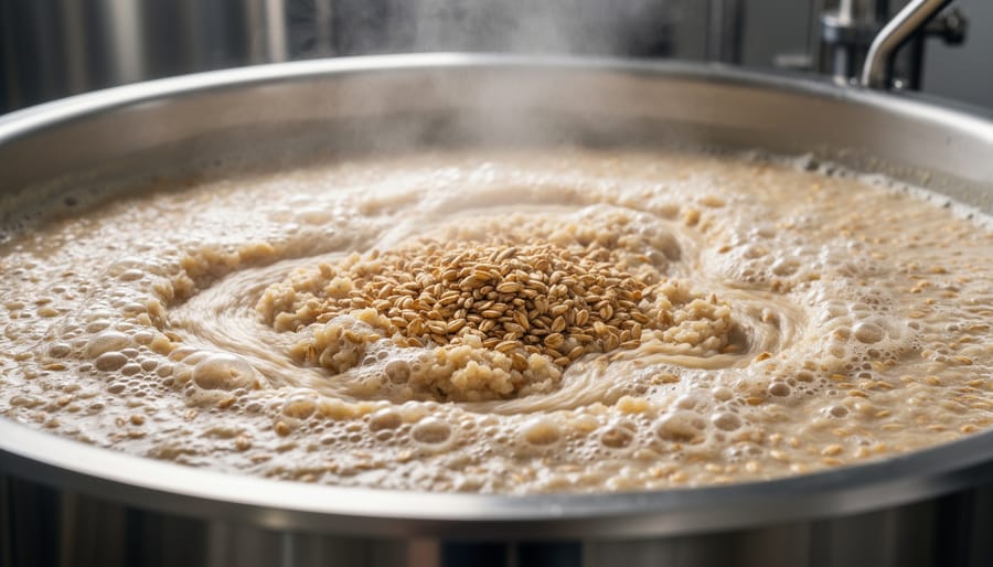 Close view of a mash tun with a foam-topped grain bed and metallic brewing equipment