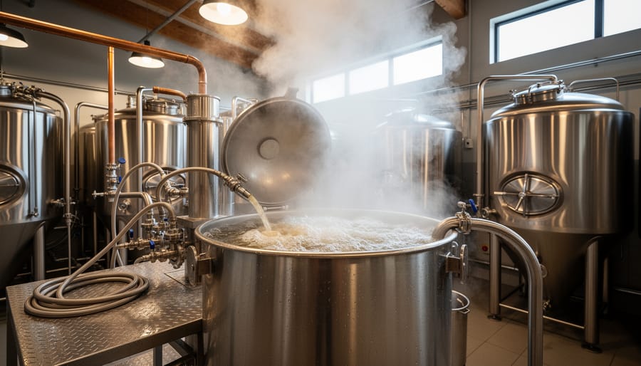 All-grain brewing equipment with steam rising from a brew kettle beside other stainless tanks